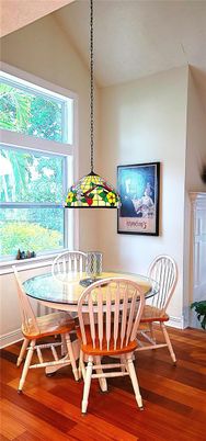 Dining room, Interior, Pendant Lights, Wood Texture Flooring