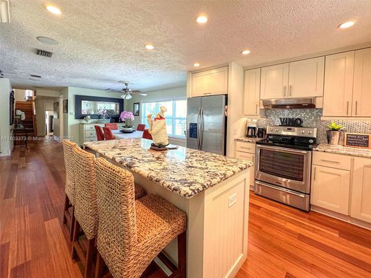 Dining room, Interior, Kitchen, Recessed Lighting, Stainless Steel Appliances, Wood Texture Flooring