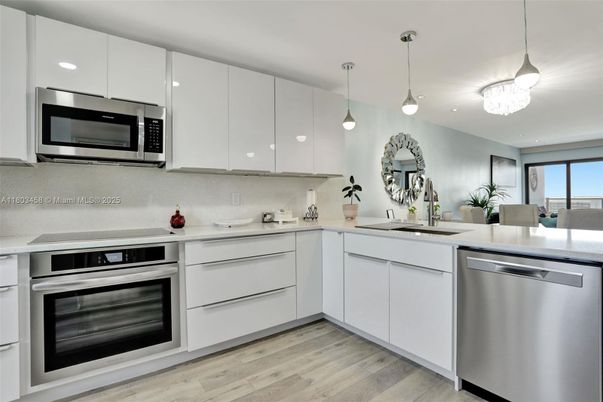 Interior, Kitchen, Pendant Lights, Stainless Steel Appliances, Wood Texture Flooring