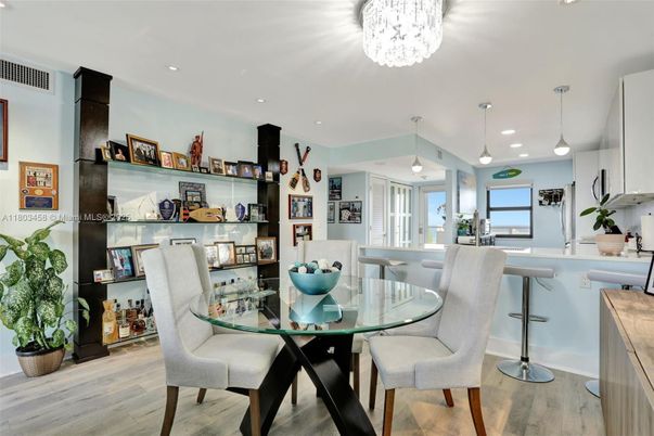 Dining room, Interior, Pendant Lights, Recessed Lighting, Wood Texture Flooring