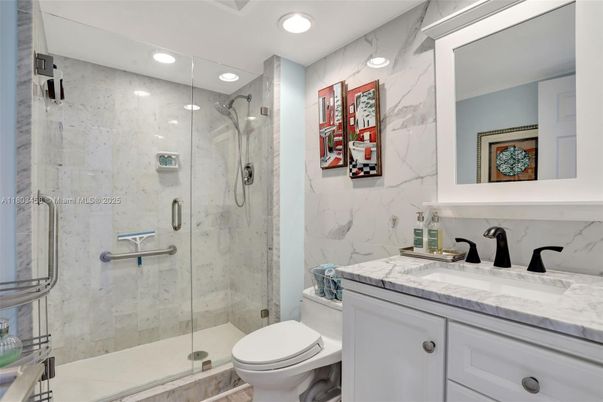 Bathroom, Glass Shower, Interior, Marble Walls, Recessed Lighting