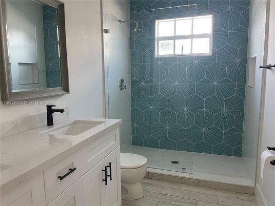 Bathroom, Glass Shower, Interior, Wood Texture Flooring