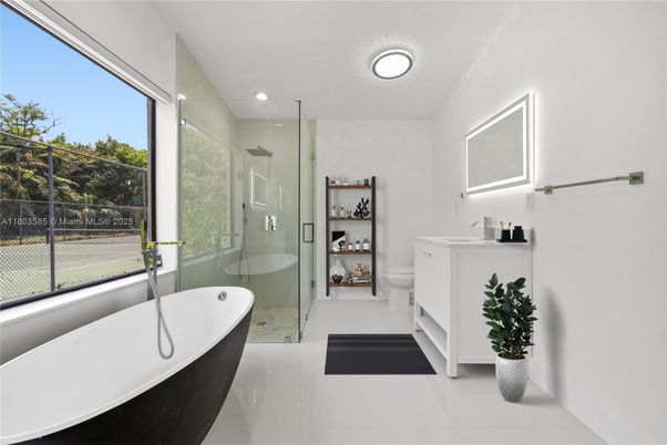Bathroom, Free Standing Baths, Glass Shower, Interior, Recessed Lighting