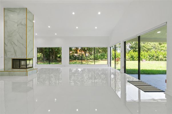 Empty room, Fireplace, Interior, Marble Walls, Recessed Lighting
