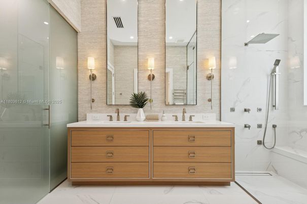 Bathroom, Dual Sink Vanities, Glass Shower, Interior, Marble, Marble Walls, Recessed Lighting