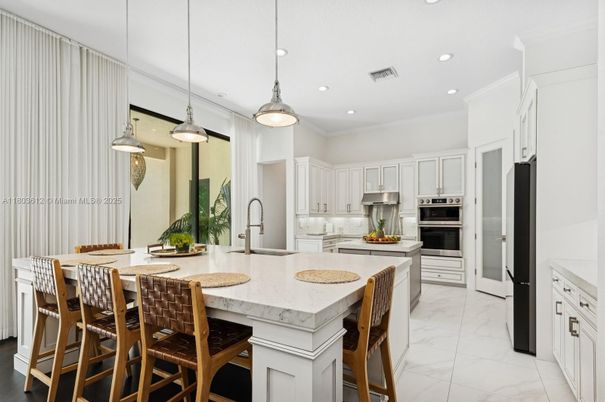 Interior, Kitchen, Marble, Pendant Lights, Recessed Lighting, Stainless Steel Appliances
