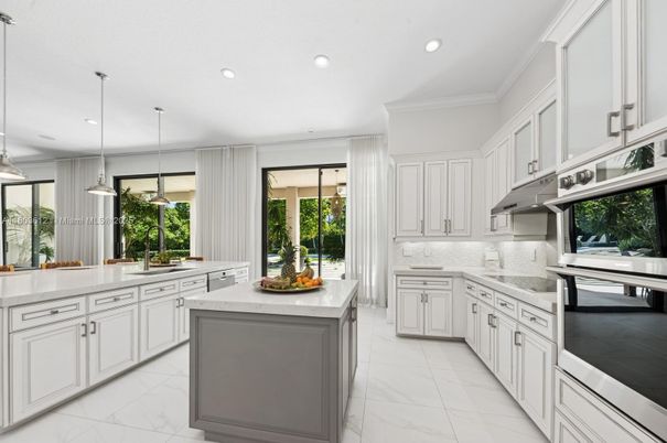 Interior, Kitchen, Marble, Pendant Lights, Recessed Lighting, Stainless Steel Appliances