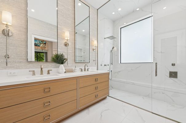 Bathroom, Dual Sink Vanities, Glass Shower, Interior, Marble, Marble Walls, Recessed Lighting