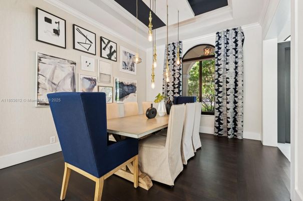 Dining room, Interior, Pendant Lights, Wood Texture Flooring