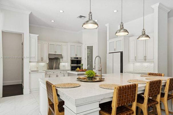 Interior, Kitchen, Marble, Pendant Lights, Recessed Lighting, Stainless Steel Appliances
