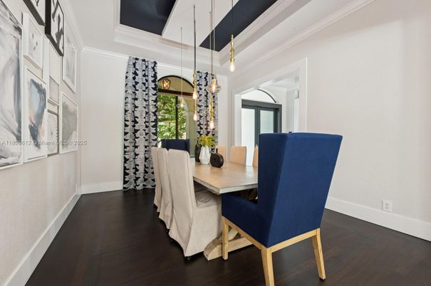 Dining room, Interior, Pendant Lights, Wood Texture Flooring