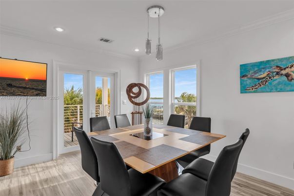 Dining room, Interior, Pendant Lights, Recessed Lighting, Wood Texture Flooring