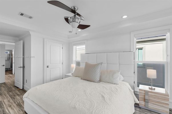 Bedroom, Interior, Recessed Lighting, Wood Texture Flooring