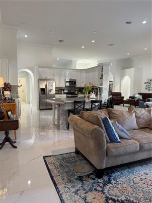 Interior, Kitchen, Living room, Marble, Recessed Lighting, Stainless Steel Appliances