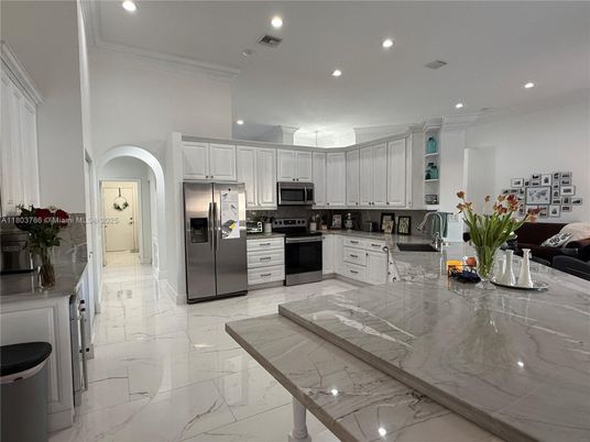 Interior, Kitchen, Marble, Recessed Lighting, Stainless Steel Appliances