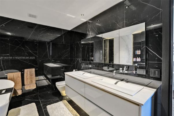 Bathroom, Dual Sink Vanities, Interior, Marble, Marble Walls, Recessed Lighting