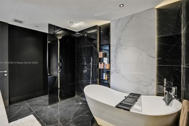 Bathroom, Free Standing Baths, Interior, Marble, Marble Walls, Recessed Lighting