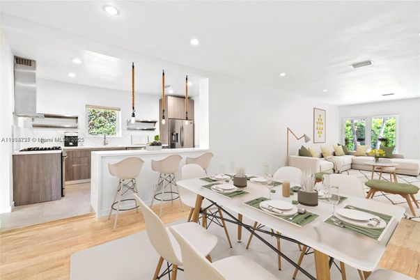 Dining room, Interior, Kitchen, Living room, Recessed Lighting, Stainless Steel Appliances, Wood Texture Flooring