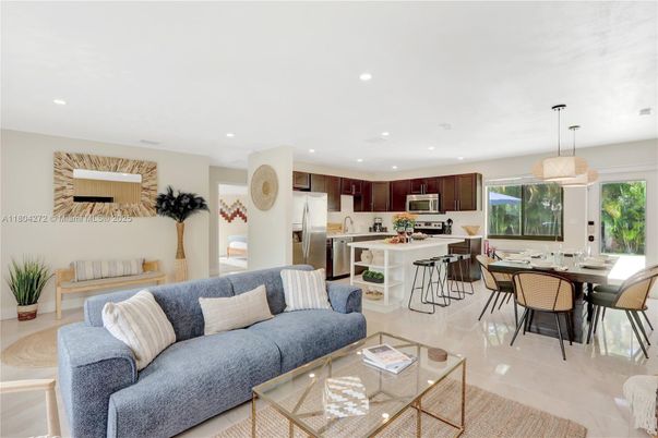 Dining room, Interior, Kitchen, Living room, Pendant Lights, Recessed Lighting, Stainless Steel Appliances