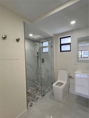 Bathroom, Glass Shower, Interior, Marble Walls, Recessed Lighting