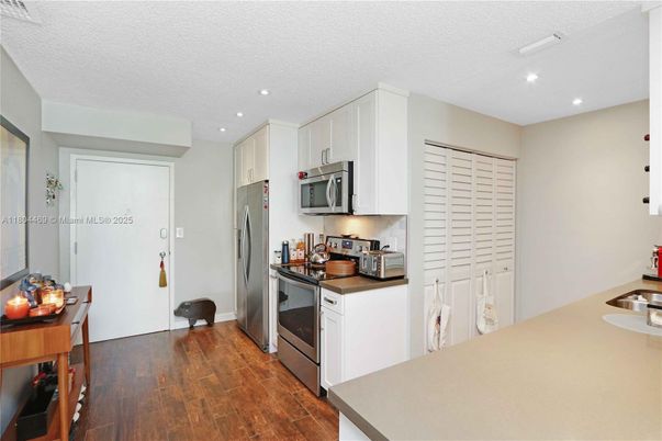 Interior, Kitchen, Recessed Lighting, Stainless Steel Appliances, Wood Texture Flooring