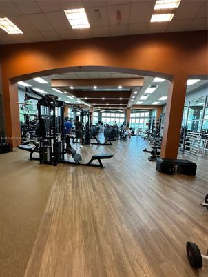Fitness Equipment, Gym, Interior, Recessed Lighting, Wood Texture Flooring