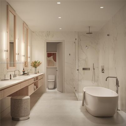 Bathroom, Dual Sink Vanities, Free Standing Baths, Glass Shower, Interior, Marble Walls, Recessed Lighting