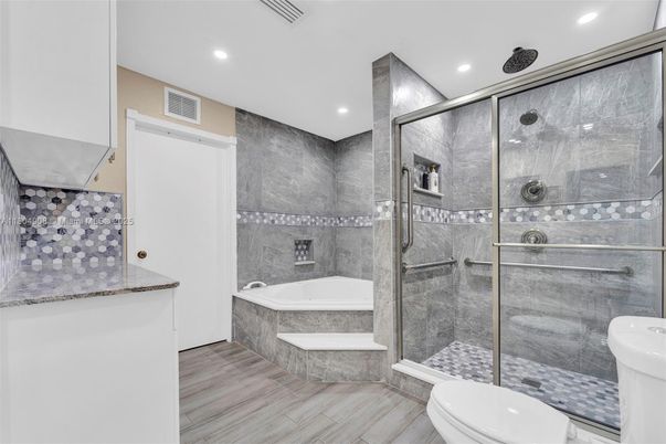 Bathroom, Glass Shower, Interior, Recessed Lighting, Wood Texture Flooring