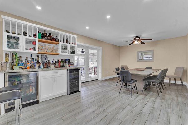 Dining room, Interior, Recessed Lighting, Wood Texture Flooring