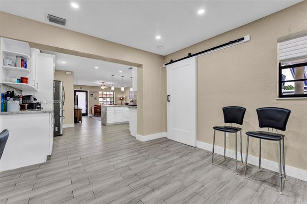 Interior, Kitchen, Pendant Lights, Recessed Lighting, Wood Texture Flooring
