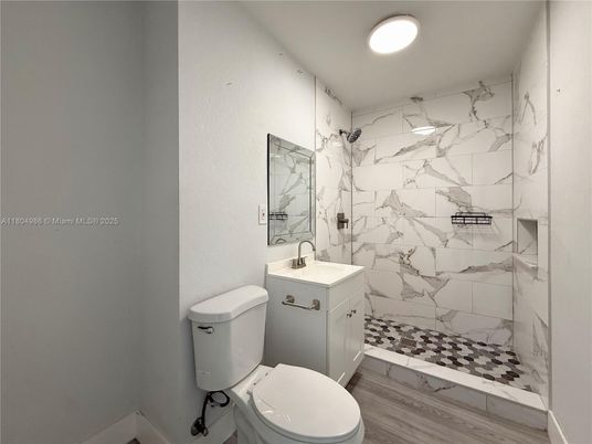 Bathroom, Interior, Marble Walls, Recessed Lighting, Wood Texture Flooring