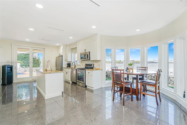 Dining room, Interior, Kitchen, Marble, Recessed Lighting, Stainless Steel Appliances, Water