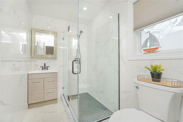 Bathroom, Glass Shower, Interior, Marble, Marble Walls, Recessed Lighting