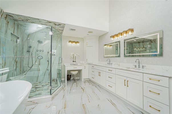 Bathroom, Dual Sink Vanities, Glass Shower, Interior, Marble, Marble Walls