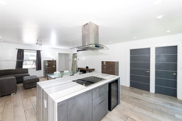 Interior, Kitchen, Living room, Recessed Lighting, Stainless Steel Appliances, Wood Texture Flooring