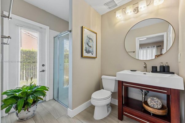 Bathroom, Glass Shower, Interior, Wood Texture Flooring