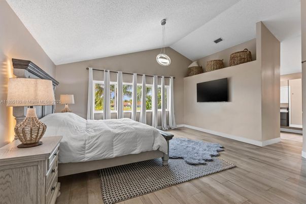 Bedroom, Interior, Pendant Lights, Wood Texture Flooring