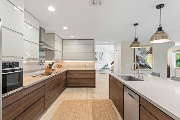 Interior, Kitchen, Pendant Lights, Recessed Lighting, Stainless Steel Appliances, Wood Texture Flooring