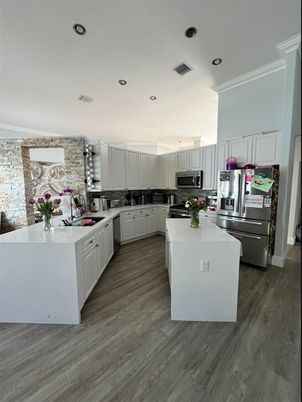 Interior, Kitchen, Recessed Lighting, Stainless Steel Appliances, Wood Texture Flooring