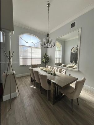 Chandelier, Dining room, Interior, Wood Texture Flooring