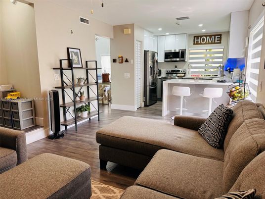 Interior, Kitchen, Living room, Recessed Lighting, Stainless Steel Appliances, Wood Texture Flooring