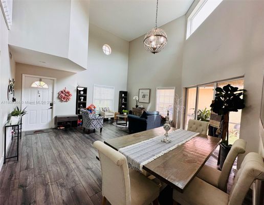 Dining room, Fireplace, Interior, Living room, Pendant Lights, Wood Texture Flooring