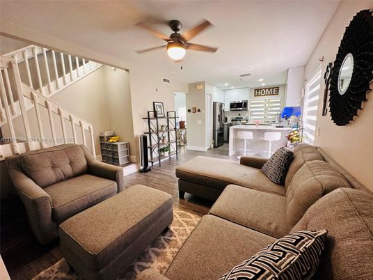 Interior, Kitchen, Living room, Recessed Lighting, Stainless Steel Appliances, Wood Texture Flooring