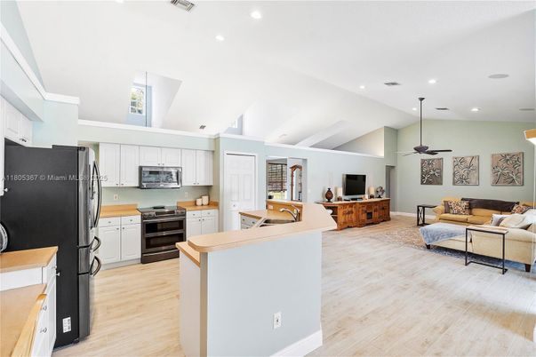 Interior, Kitchen, Living room, Recessed Lighting, Wood Texture Flooring