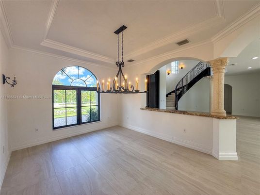 Chandelier, Empty room, Interior, Pendant Lights, Recessed Lighting, Wood Texture Flooring