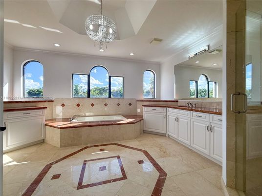 Bathroom, Chandelier, Glass Shower, Interior, Pendant Lights, Recessed Lighting