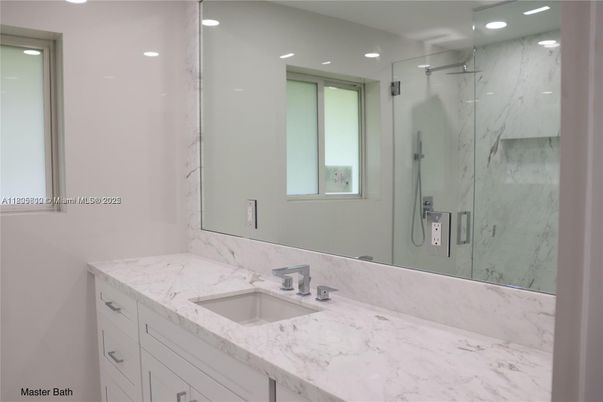 Bathroom, Glass Shower, Interior, Marble Walls, Recessed Lighting