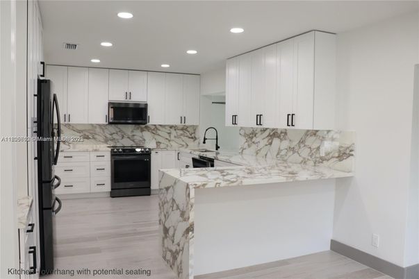 Interior, Kitchen, Marble Walls, Recessed Lighting, Wood Texture Flooring