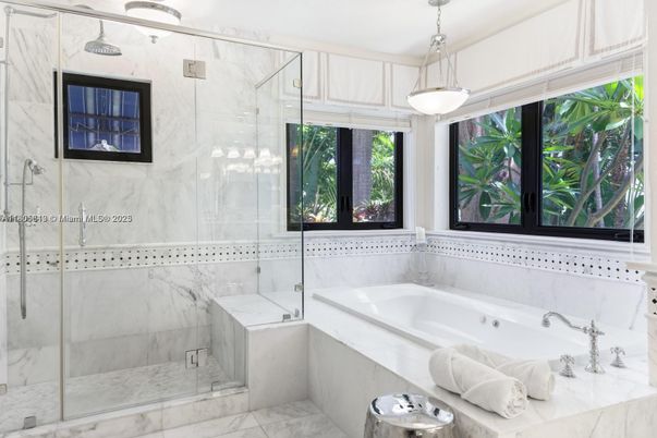 Bathroom, Glass Shower, Interior, Marble, Marble Walls, Pendant Lights