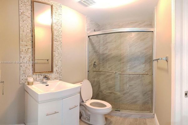 Bathroom, Glass Shower, Interior, Marble Walls, Wood Texture Flooring